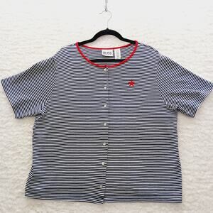 Blouse Sz 16-18 XL Pearl Snap Buttons Striped Red Black Cruise Coastal Nautical